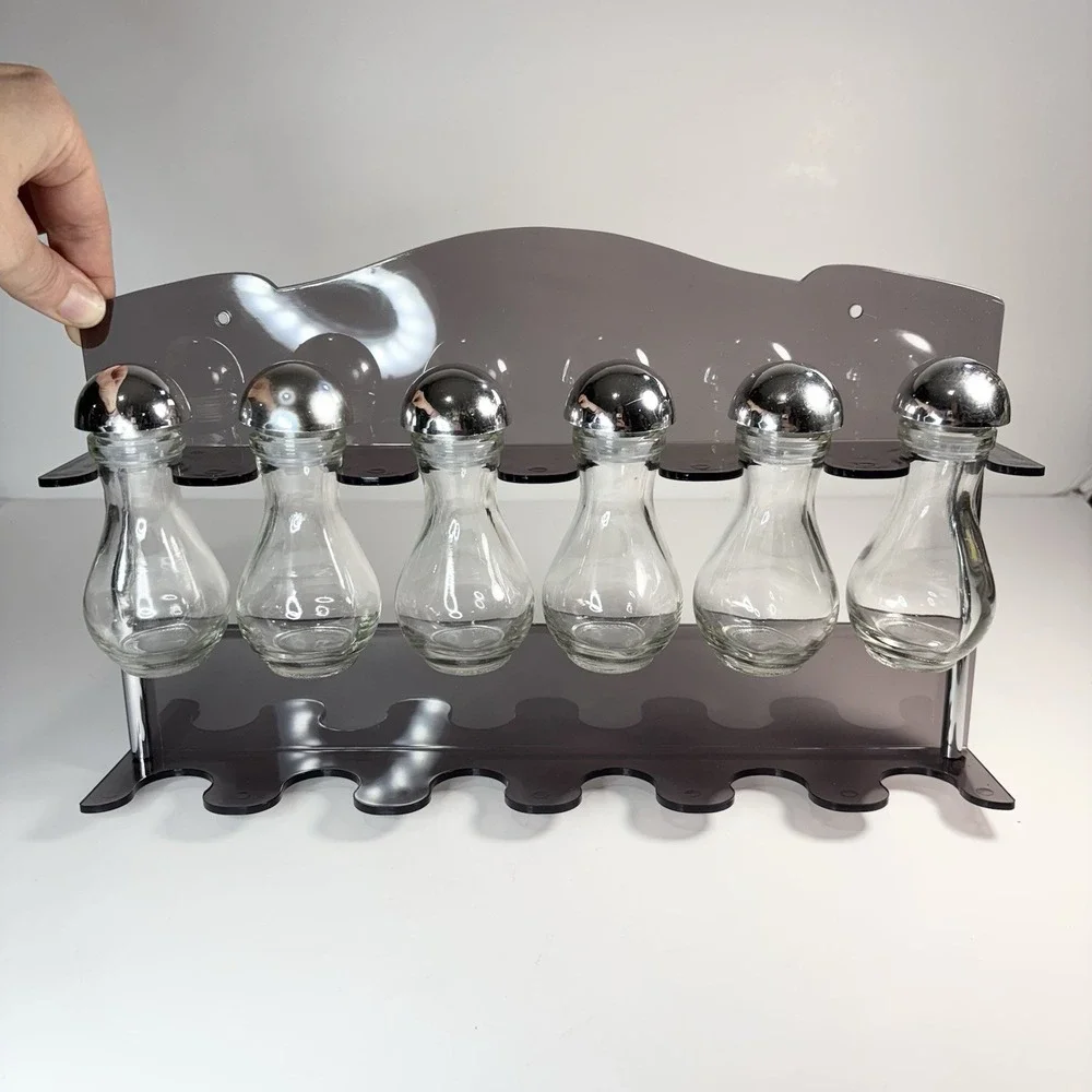Vtg Two Tier Wall Contemporary Acrylic Gray Spice‎ Rack 6 Spice Bottles